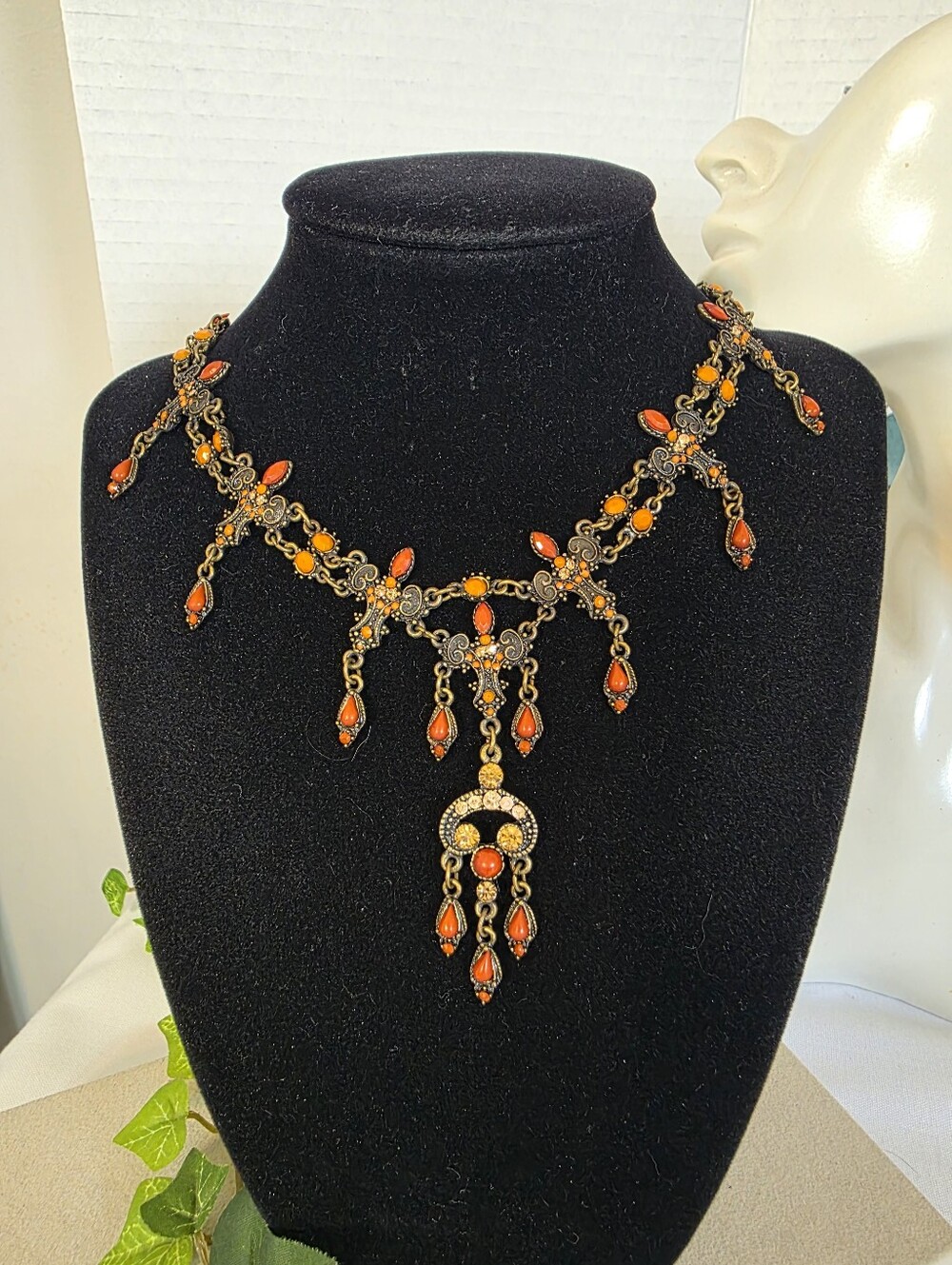 Vintage Style Terracotta Orange Faux Coral Statement Necklace Antique Gold